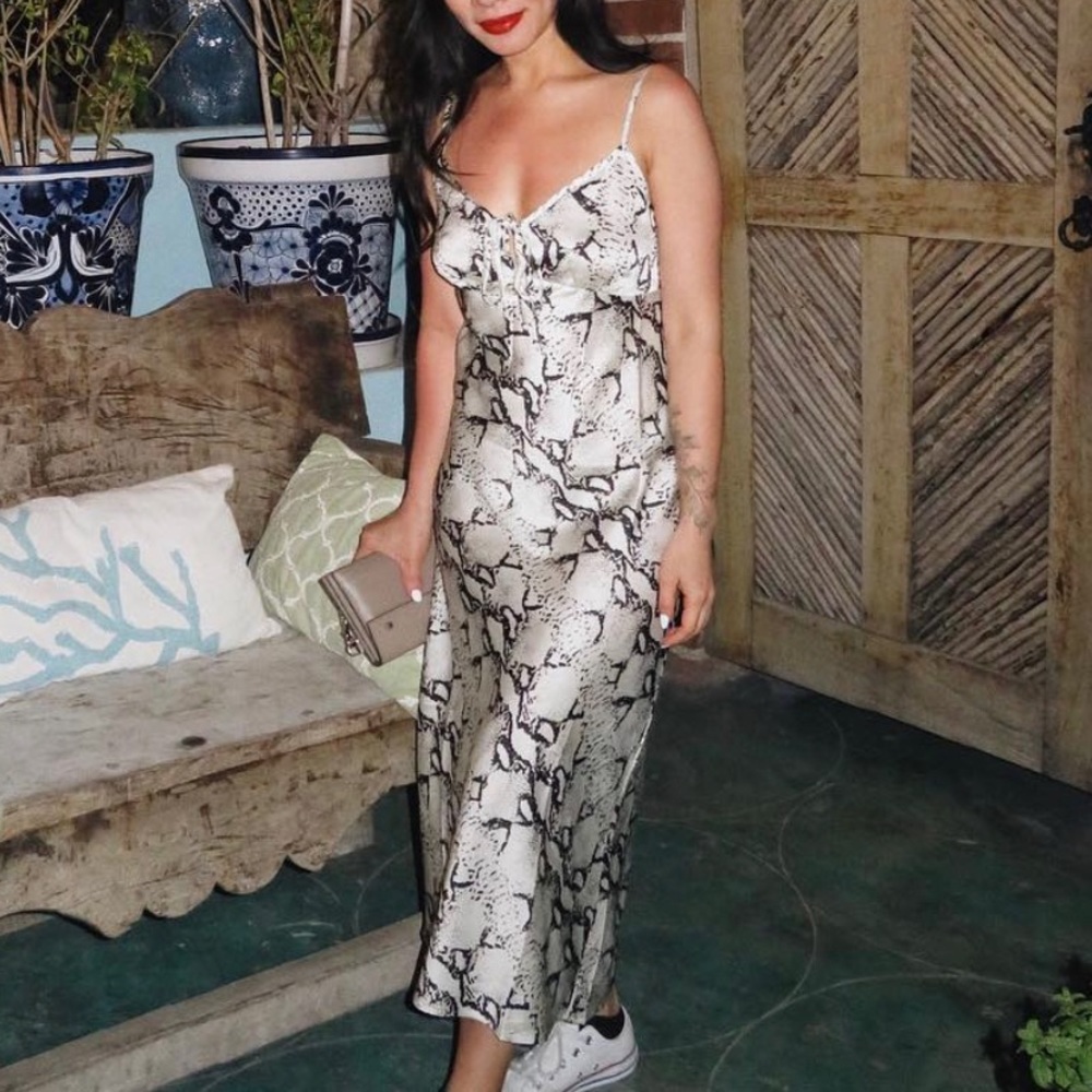 Black & Whit Animal Print, Long Slip Dress with Tie, Size Small